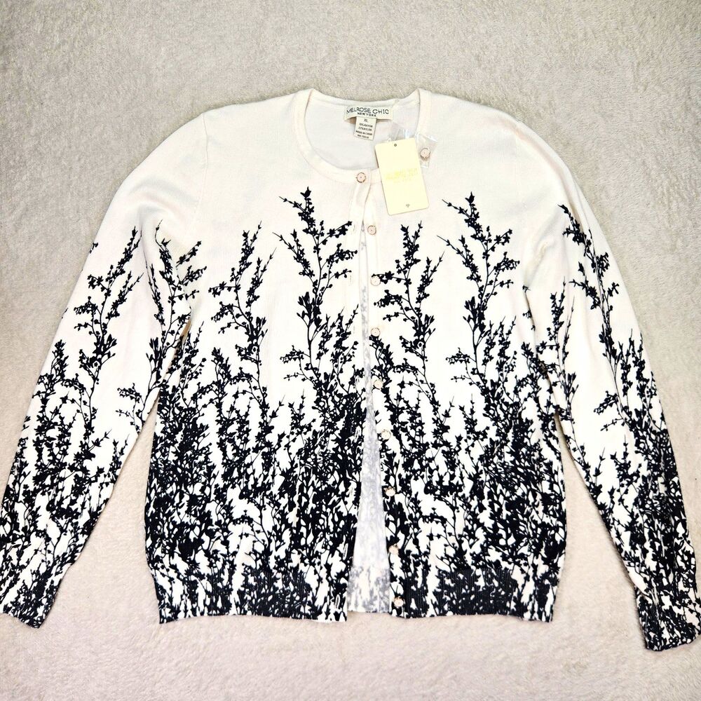 Melrose Chic XL Cardigan White Black Floral Knit Button NWT